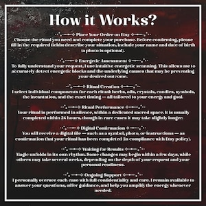 Puede incluir: Un fondo oscuro y texturizado enmarca un gr&aacute;fico rectangular blanco con el t&iacute;tulo "How it Works?" en negrita. El gr&aacute;fico detalla los pasos de un servicio de ritual, incluyendo la realizaci&oacute;n del pedido, la evaluaci&oacute;n energ&eacute;tica y la creaci&oacute;n del ritual.