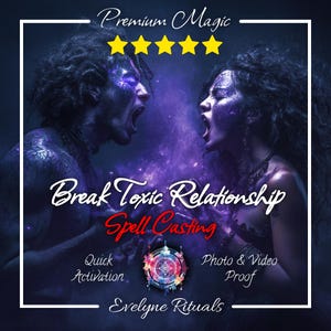 May include: A digital graphic featuring two figures with purple skin and dark hair facing each other with open mouths. Text reads Premium Magic, Break Toxic Relationship Spell Casting, Quick Activation, Photo & Video Proof, and Evelyne Rituals.