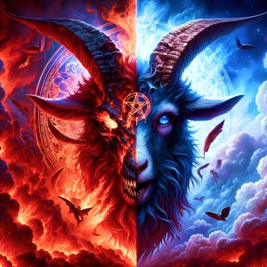 Könnte beinhalten: Eine Illustration eines Ziegenkopfes, geteilt in eine feurig rote Seite mit wirbelnden Wolken und eine kühl blaue Seite mit leuchtendem Licht. Ein glühend rotes Pentagramm befindet sich auf der Stirn. Das Bild zeigt Silhouetten fliegender Wesen.
