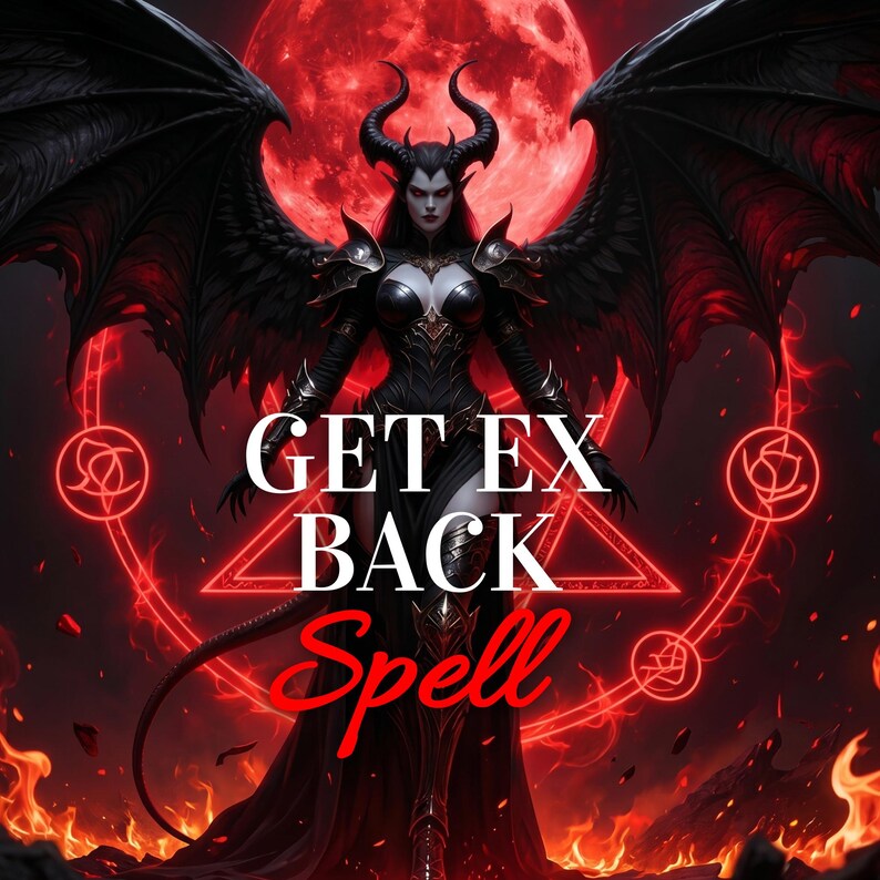 May include: Digital art featuring a dark-haired figure with horns and large black wings, set against a red moon and flames. The text "GET EX BACK Spell" is prominently displayed in white and red.