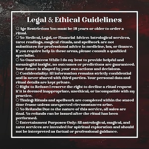 Puede incluir: Un documento con marco blanco y texto negro titulado "Directrices Legales y &Eacute;ticas". El texto detalla restricciones de edad, exenciones de responsabilidad, confidencialidad y pol&iacute;ticas de reembolso para servicios astrol&oacute;gicos, de tarot y rituales. El fondo es oscuro y texturizado.