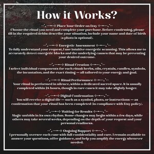 May include: A dark red and black informational graphic titled How it Works? with white text outlining a seven-step process for a ritual service. The steps include Place Your Order, Energetic Assessment, Ritual Creation, Ritual Performance, Digital Confirmation, Waiting for Results, and Ongoing Support.