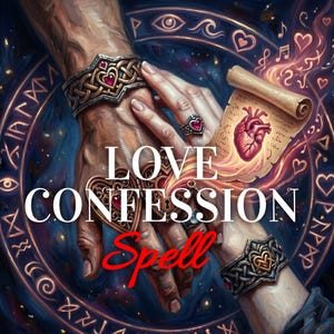 以下が含まれることがあります： 「LOVE CONFESSION Spell」の文字が入った芸術的なイラスト。ハート型のジュエリーを身につけた手と、ハートのイラストが描かれた巻物。背景は、神秘的なシンボルが描かれた濃い青色です。