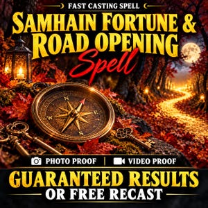 May include: A digital graphic featuring a brass compass and antique keys resting on autumn leaves. Text reads: FAST CASTING SPELL, SAMHAIN FORTUNE & ROAD OPENING Spell, PHOTO PROOF, VIDEO PROOF, GUARANTEED RESULTS OR FREE RECAST.