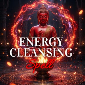 May include: A red Buddha statue in a meditative pose, surrounded by a fiery, swirling energy field. The words "ENERGY CLEANING Spell" are superimposed on the image, suggesting a spiritual or metaphysical theme.