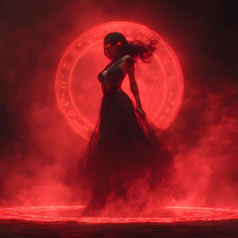May include: A digital illustration of a woman in a dark dress with red glowing eyes, standing in a red, smoky environment. A large, glowing circular symbol is behind her, and a similar symbol is on the ground.