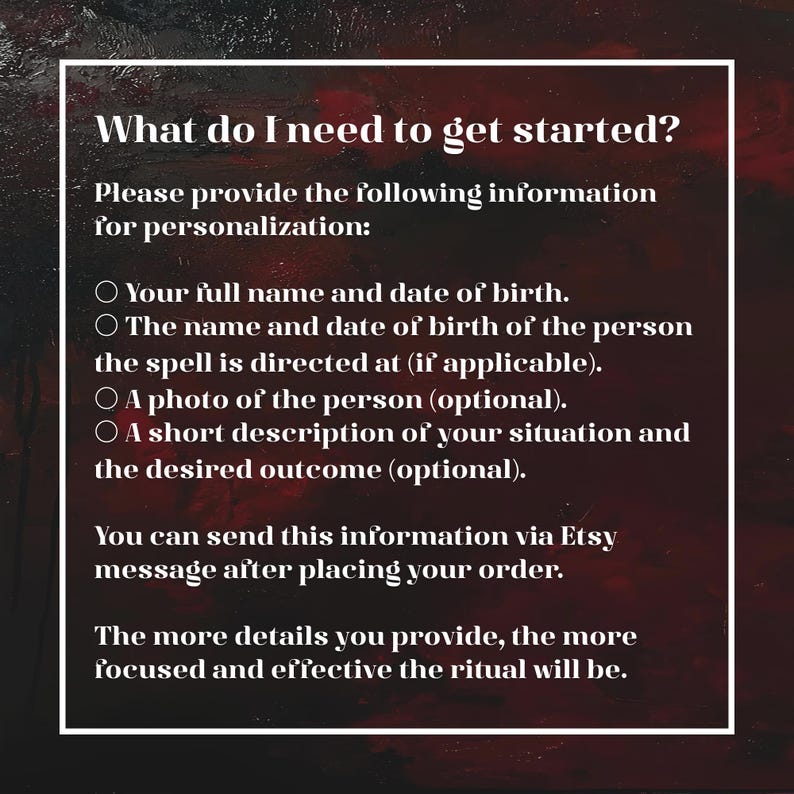 Puede incluir: Gr&aacute;fico con borde blanco sobre un fondo rojo oscuro con texto. El texto dice "&iquest;Qu&eacute; necesito para empezar?" y enumera la informaci&oacute;n necesaria para la personalizaci&oacute;n, incluyendo nombre, fecha de nacimiento y una foto.