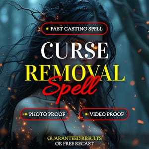 Pode incluir: Um gráfico digital apresentando uma pessoa com cabelos longos e escuros e olhos brilhantes em uma floresta escura. Os textos incluem FAST CASTING SPELL, CURSE REMOVAL Spell, PHOTO PROOF, VIDEO PROOF e GUARANTEED RESULTS OR FREE RECAST em amarelo e vermelho.