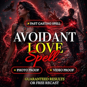 Puede incluir: Un gráfico digital que muestra a una persona con un vestido de encaje negro y otra con una camisa oscura sobre un fondo de luna roja con rosas y cuervos. El texto dice: FAST CASTING SPELL, AVOIDANT LOVE SPELL, PHOTO PROOF, VIDEO PROOF, GUARANTEED RESULTS OR FREE RECAST.