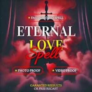 Op de afbeelding: Een digitale afbeelding met het donkere silhouet van een hart doorboord door een zwaard tegen een rode, rokerige achtergrond. De tekst luidt: FAST CASTING SPELL, ETERNAL LOVE SPELL, PHOTO PROOF, VIDEO PROOF en GARANTED REESULTS OR FREE RECAST.