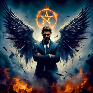 May include: Digital art of a man in a blue suit with dark wings and a fiery pentagram above his head. The background features dark clouds, fire, and flying bats, creating a dramatic and supernatural scene.