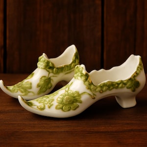 Zapatos de porcelana-Decoración de zapatos en miniatura-Zapatos vintage-Figuras de cerámica-Zapatos coleccionables-Zapatos en miniatura-Decoración de porcelana-Zapatos florales-Zapatos antiguos.