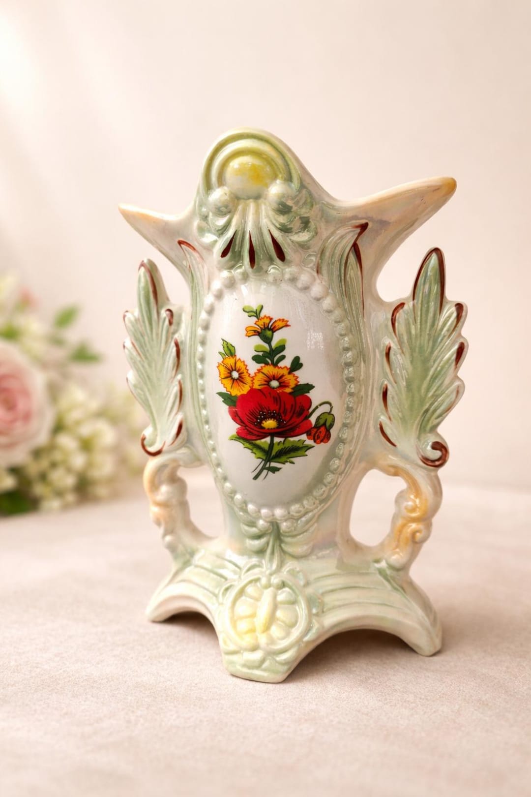 Vintage Porcelain Vase Floral Hand Painted Ceramic Decor Antique Style ...