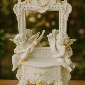 May include: A white and gold decorative vanity mirror featuring two cherub figurines. One cherub plays a lute, the other holds a scroll. The mirror has an ornate design with gold accents and is approximately 30 cm tall.