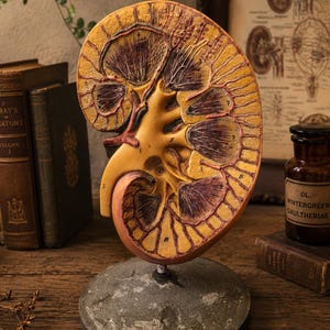 May include: An anatomical model of a human kidney cross-section featuring yellow and dark purple internal structures with visible blood vessels and labeled sections, mounted on a circular gray base. The model displays detailed renal anatomy.