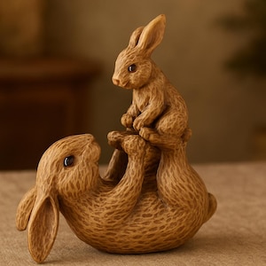 May include: A detailed, brown rabbit figurine with a smaller rabbit perched on top. The larger rabbit is lying on its back, supporting the smaller one. The sculpture has a textured surface and is set against a neutral background.