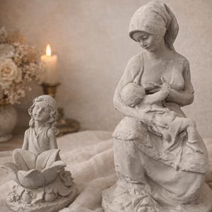 May include: Two gray stone sculptures. One depicts a mother breastfeeding a baby, the other a young girl seated in a flower. A lit candle and flowers are in the background. The sculptures are on a draped surface.