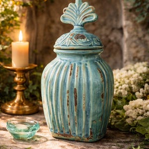 Puede incluir: Una jarra de cerámica turquesa con tapa, con detalles acanalados verticales y un remate decorativo. La jarra está colocada sobre una superficie de piedra, con una vela encendida en un candelabro dorado y un pequeño cuenco de cristal cerca. La jarra mide unos 30 cm de altura.