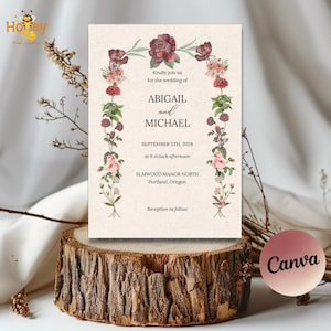 Suite,Rustic Floral Wedding Invitation Template | Editable Canva Wedding Invite | Printable PDF Instant Download
