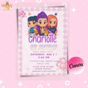 K-pop Demon Hunters Birthday Invite,pink birthday invite, Editable,Instant Digital Download, Template, Rumi, Zoey, Mira, Kpop Demon Hunters