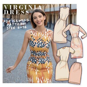 May include: A sewing pattern for a Virginia dress. The pattern is available in sizes 6-16. The image shows a woman wearing a dress with a similar style, and three illustrations of the dress in different colours and styles.