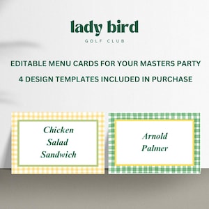 Marque-places de golf Masters | 4 modèles de toile modifiables | Imprimable recto-verso 3 x 2 | Cartes de menu Party de golf | Étiquettes de carte de menu Augusta