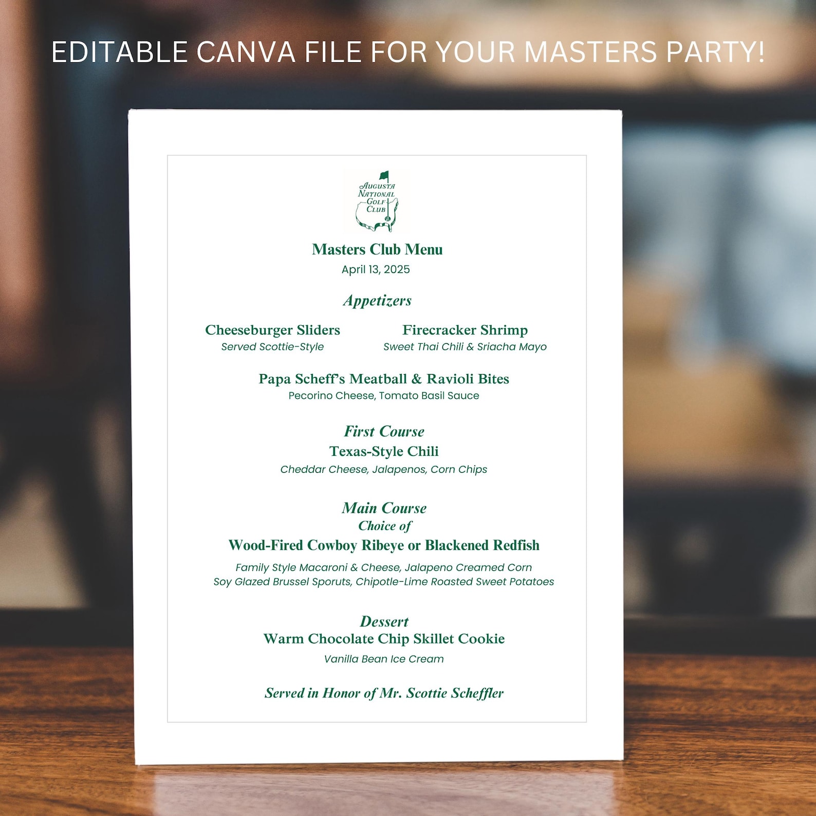 Golf Course Menu Template Masters Tournament Golf Club Scottie Scheffler Dinner Menu Editable ...