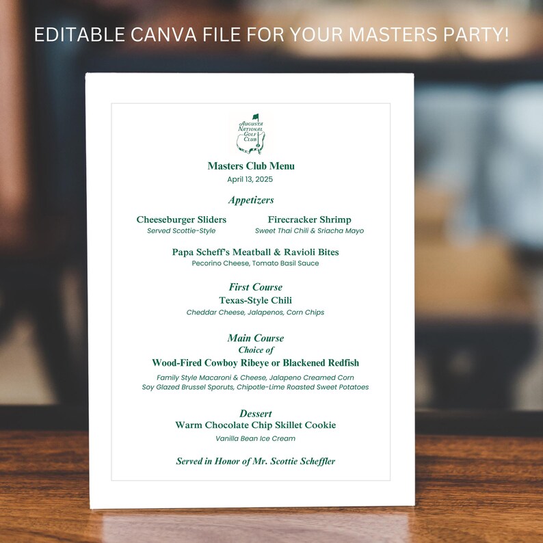 Main Course Appetizer Menu Masters Tournament Golf Club Scottie Scheffler Dinner Menu Editable ...