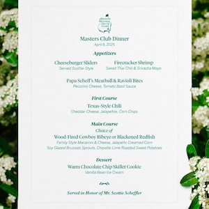 Masters Tournament Golf Club Scottie Scheffler Dinner Menu bearbeitbare Canva-Datei