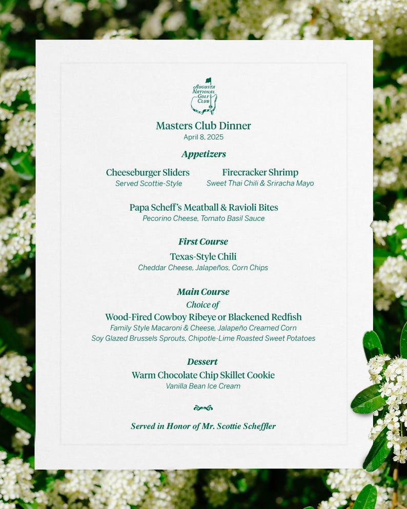 Main Course Appetizer Menu Masters Tournament Golf Club Scottie Scheffler Dinner Menu Editable ...