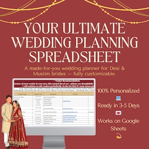 Custom Muslim & South Asian Wedding Planner Spreadsheet | Google Sheets Dashboard, Budget Tracker, RSVP, Vendor Organizer