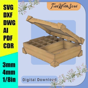 May include: A light brown wooden box with a hinged lid and internal dividers, featuring text that reads SVG, DXF, DWG, AI, PDF, CDR, 3mm, 4mm, 1/8in, and Digital Download. The box has a rectangular base and a lid with visible hinge details.