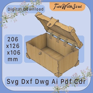 May include: A light-coloured wooden chest with an open lid, featuring a latch and corner reinforcements. The text reads Digital Download, TreeWithSoul, 206 x 126 x 106 mm, and Svg Dxf Dwg Ai Pdf Cdr. This is a digital file for laser cutting.