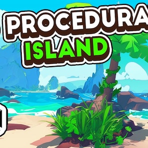 Op de afbeelding: Een levendige digitale illustratie van een tropisch eiland. De tekst "2D PROCEDURAL ISLAND" is prominent aanwezig. Een palmboom en weelderige groene vegetatie staan op de voorgrond, met een blauwe oceaan en rotsachtige kliffen op de achtergrond. Het Unity-logo staat linksonder.