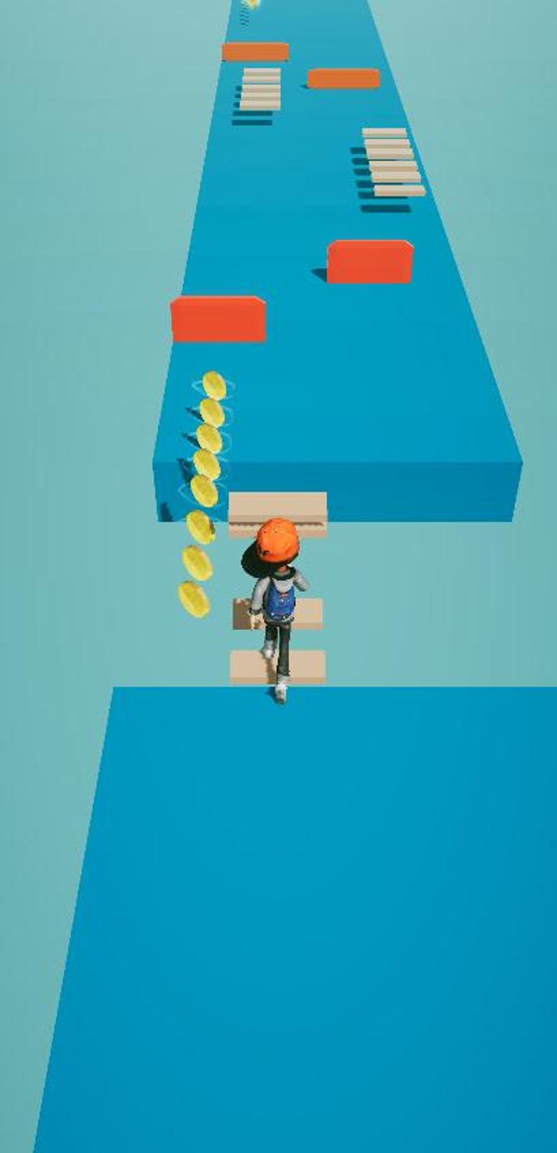 Pu&ograve; includere: Un rendering 3D di una persona con un casco arancione e uno zaino blu che cammina su una serie di gradini di legno. I gradini sono su una piattaforma blu con blocchi arancioni. Diverse monete gialle fluttuano nell'aria.