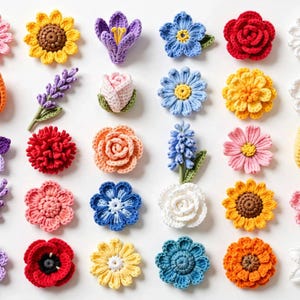 May include: A collection of thirty individual crochet flowers arranged in a grid. The assortment includes various shapes and colors such as red, yellow, blue, pink, purple, orange, and white, featuring detailed yarn textures and layered petals.