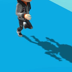 Pu&ograve; includere: Una figura animata in 3D di una persona con un berretto arancione, occhiali e una felpa con cappuccio grigia, che corre su una superficie blu. La figura proietta una lunga ombra, suggerendo movimento e azione. Il tema generale &egrave; un avatar digitale.