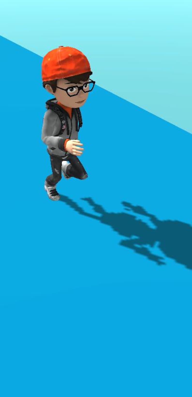Pu&ograve; includere: Una figura animata in 3D di una persona con un berretto arancione, occhiali e una felpa con cappuccio grigia, che corre su una superficie blu. La figura proietta una lunga ombra, suggerendo movimento e azione. Il tema generale &egrave; un avatar digitale.