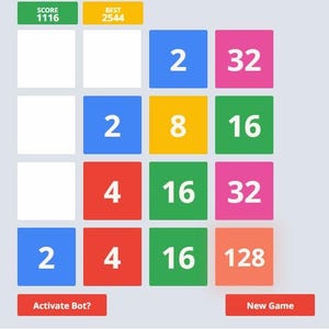 May include: A mobile game interface with colored squares displaying numbers. The top shows a score of 1116 and a best score of 2544. The game grid has numbers like 2, 4, 8, 16, 32, and 128. Buttons read "Activate Bot?" and "New Game."