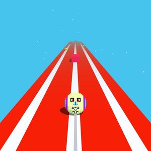 Puede incluir: Una vibrante escena de juego móvil con un personaje pixelado rodando por una pista roja. La interfaz del juego muestra "Level: 1", un botón de pausa y una puntuación de 5000. El fondo es un cielo azul brillante.