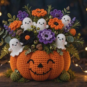 May include: A crocheted orange pumpkin with a stitched smiling face serves as a base for a floral arrangement. The bouquet includes white crocheted ghosts, purple and orange crocheted flowers, green foliage, small berries, and brown acorns.