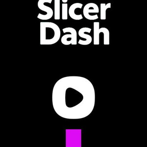 May include: A black background with the white text "Slicer Dash" at the top. Below the text is a white circle with a play button symbol, and a vertical magenta rectangle below it. A white zigzag design is at the top.