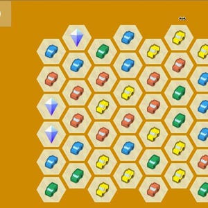 Op de afbeelding: Een digitale game-interface met een honingraatrooster gevuld met kleurrijke auto-iconen. Blauwe, rode, gele en groene auto's zijn gerangschikt in het raster, met blauwe diamantvormen. De score wordt weergegeven als "Score: 0".