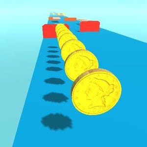 Pu&ograve; includere: Un rendering 3D di una superficie blu con una fila di monete d'oro. Le monete sono in primo piano, con blocchi rettangolari rossi sullo sfondo. Le monete hanno il profilo di una persona.