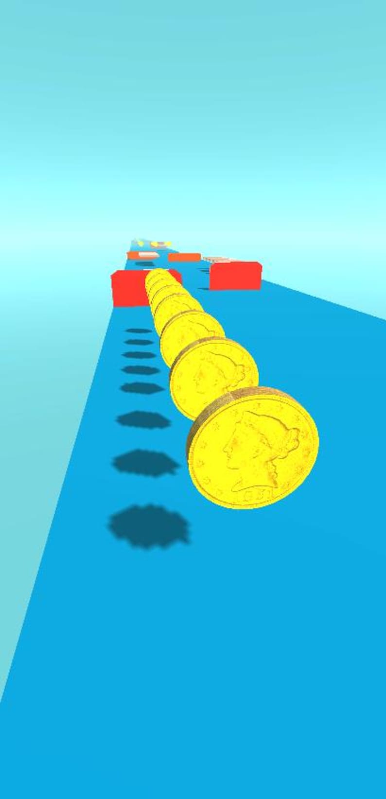 Pu&ograve; includere: Un rendering 3D di una superficie blu con una fila di monete d'oro. Le monete sono in primo piano, con blocchi rettangolari rossi sullo sfondo. Le monete hanno il profilo di una persona.