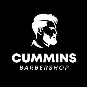 Pode incluir: Logotipo preto e branco para Cummins Barbershop. O logotipo apresenta um perfil estilizado de um homem com barba e penteado moderno. A palavra "Cummins" está acima de "Barbershop" em negrito, sem serifa.