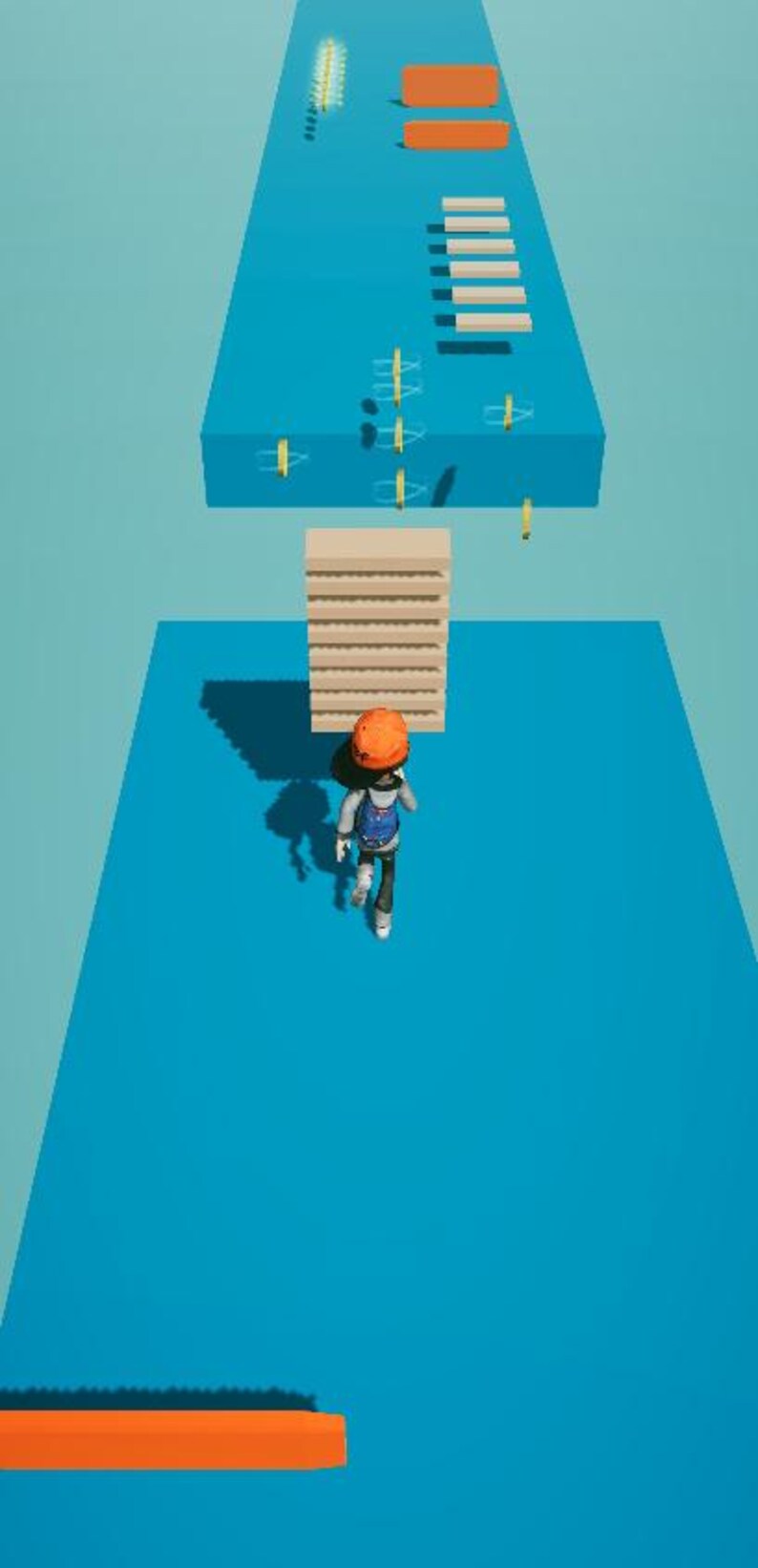 Pu&ograve; includere: Un rendering 3D di un operaio edile che naviga in un percorso a ostacoli. Il percorso presenta piattaforme blu con varie sfide, tra cui blocchi impilati e ostacoli. L'operaio indossa un casco arancione e uno zaino blu.