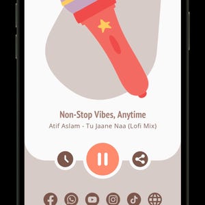 May include: A smartphone screen displaying a music player interface with a red microphone graphic featuring a yellow star. The text reads Non-Stop Vibes, Anytime, Atif Aslam - Tu Jaane Naa (Lofi Mix), and Test Ad. This is a 320x50 test ad.