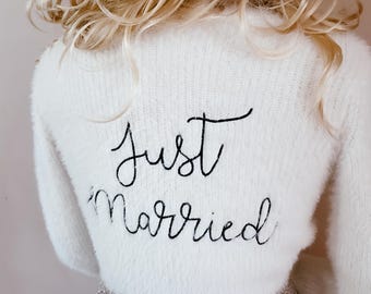 Just Married Bridal Cardigan | Embroidered Bride Sweater | Bride Getting Ready Outfit | Soft Ivory Knit | Heirloom Cover Up | Pre Order