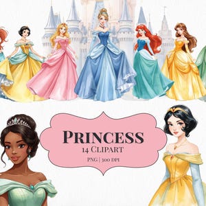 Pode incluir: Ilustração em aquarela de oito princesas em vestidos elegantes, cada uma com penteados e cores únicos. A imagem inclui o texto "PRINCESS 14 CLIPART PNG 300 DPI" em uma faixa rosa, com um castelo ao fundo.